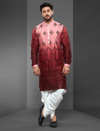 Maroon and light pink silk kurta suit for men