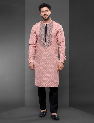 Glamorous Light peach cotton kurta suit for men