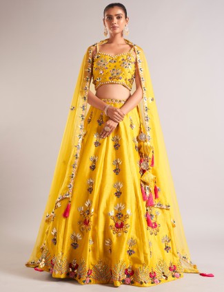 Trendy mustard yellow lehenga choli in raw silk
