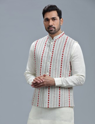 White linen embroidery waistcoat set