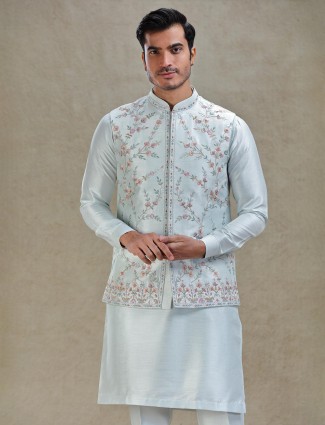 Light blue kurta jacket set for men in linen silk for reception 