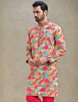  Printed kurta multi coloured pajama in textured embroidery 