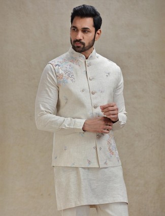 Natural beige linen kurta jacket set in embroidery for men