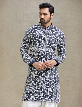 Navy blue kurta salwar in embroidery for mens