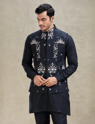 Navy timeless linen waistcoat set with embroidery work for mens