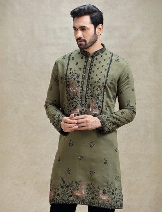 Olive embroideried kurta pajama set for festive look for Men