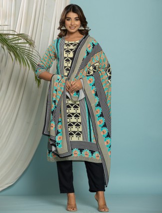 Sky blue cotton kurti set with prints for women