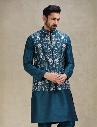 Teal blue beautifully embroidered silk mens kurta jacket set
