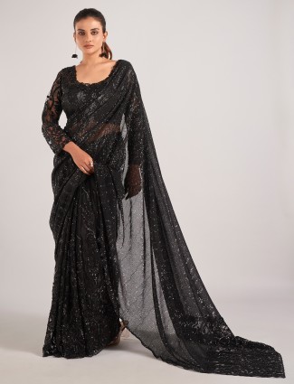 Black net party wear saree with ready-made blouse for Women