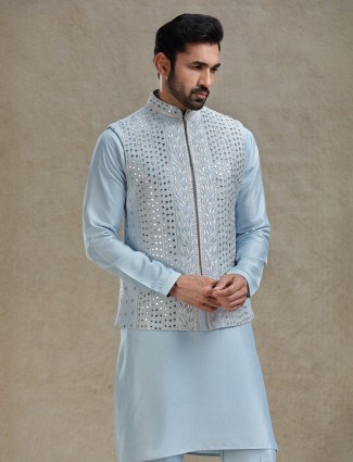 Blue linen silk waistcoat set with mirror worked 