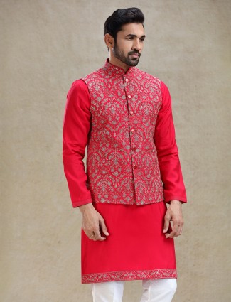 Bright red cotton silk kurta jacket set 
