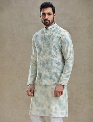 Mint green and Cream shaded silk kurta jacket set for reception