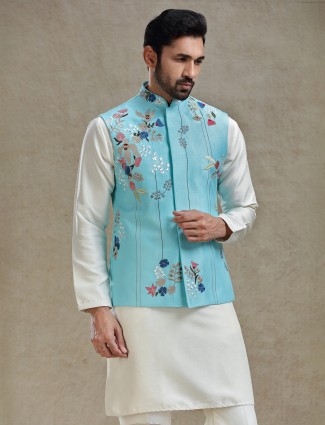 Firozi blue linen silk embroideried kurta jacket set for Mens