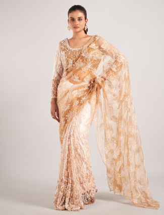 Gold net with stylish designer wedding saree 