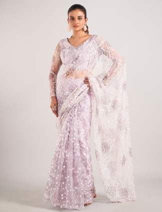 Lavender net saree for reception Wearing