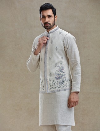 Light beige linen fabricated kurta jacket set for Mens