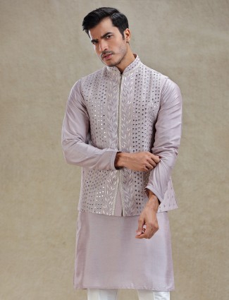 Lilac purple linen mirror work waistcoat set