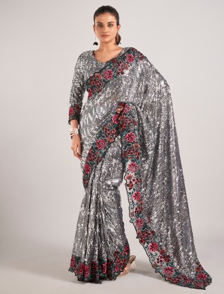 Stunning black net saree with sequins