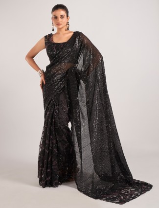 Stylish black net with designer saree for Women