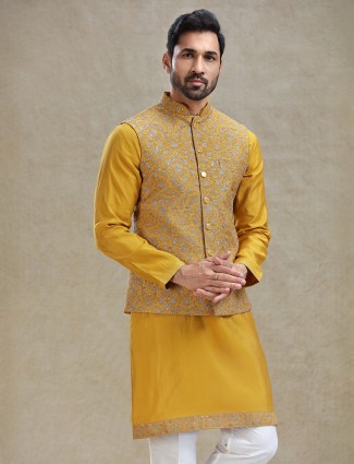 Yellow cotton silk haldi special kurta jacket set
