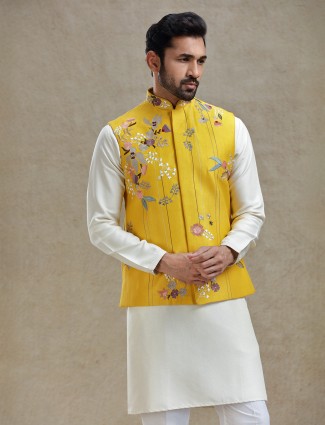 Yellow embroidery work waistcoat set 