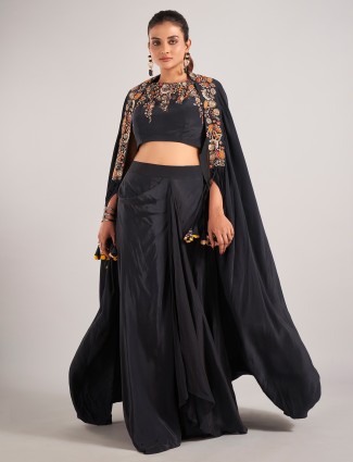Black satin silk party wear indowestern suit for Women