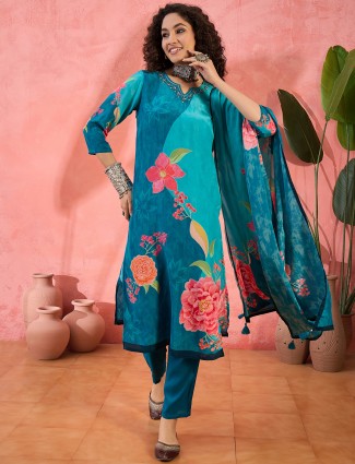 Blue Printed cotton silk Kurti Set