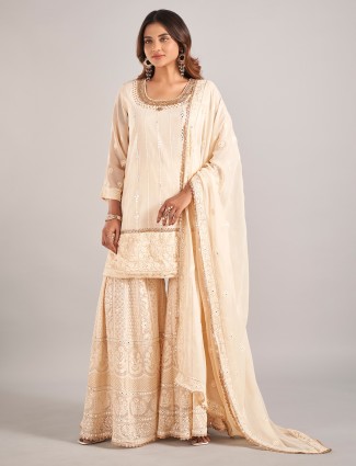 Cream cotton silk palazzo suit with dupatta for Women