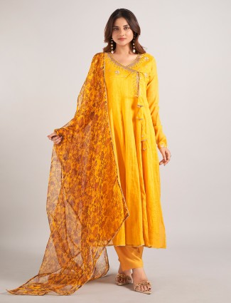 Mustard yellow cotton silk salwar suit with dupatta for Women