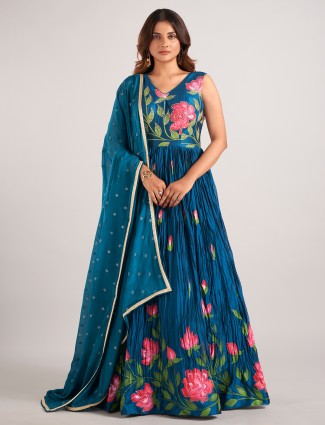 Teal blue printed anarakali suit with dupatta for women