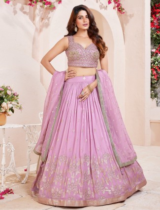 Lilac purple zari worked lehenga choli in Silk
