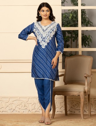 Blue cotton silk kurti set in printed