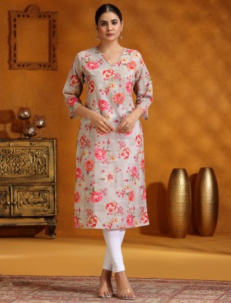 Stunning grey floral cotton printed  kurti