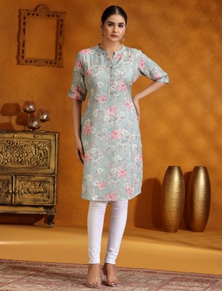 Trendy mint green printed floral silk kurti