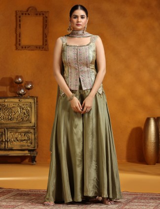 Pista green printed satin silk palazzo suit