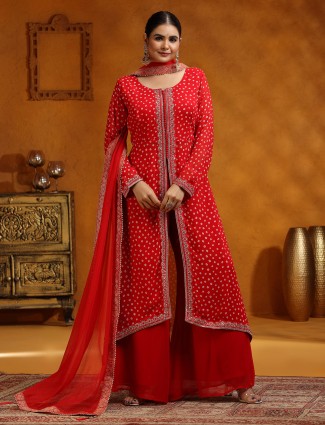 Red printed georgette palazzo suit with dupatta