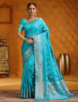 Aqua blue silk saree for festival occasions