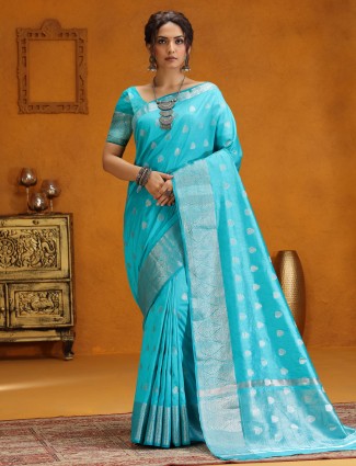 Aqua silk saree with zari weaving for weddings