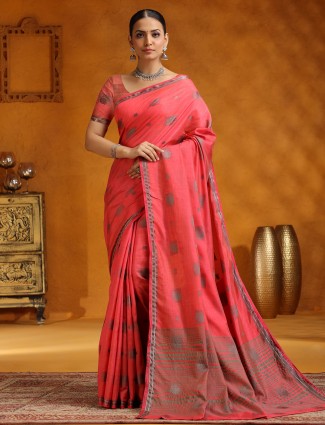 Peach silk saree for festive wear