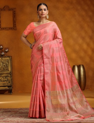 Salmon peach wedding wear silk saree