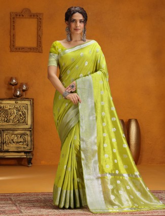 Lime green silk saree for festive wear
