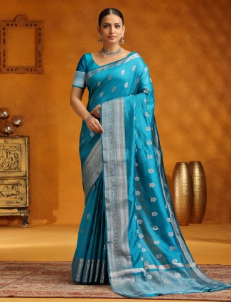 Striking aqua silk saree with rich texture