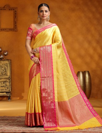Yellow silk saree with zari embellishment