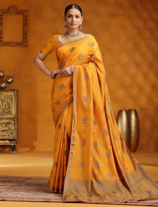 Yellow silk saree with traditional zari work