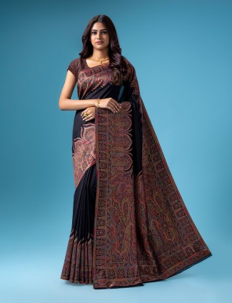 Black pashmina silk saree with kashmiri weaving