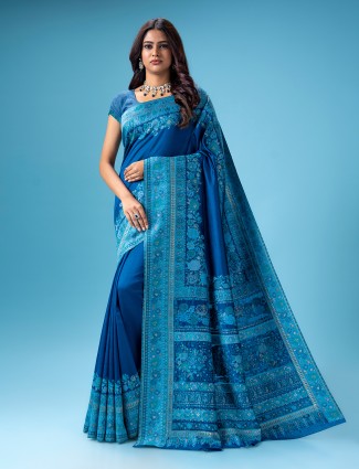 Classic blue pashmina silk saree