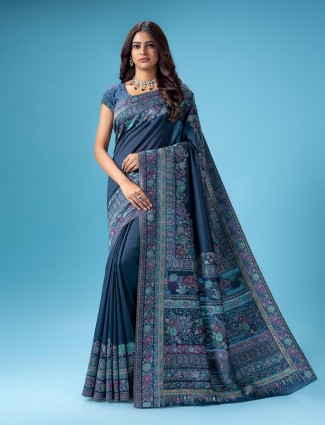 Wedding wear dark grey pashmina silk saree