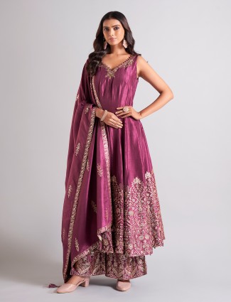 Purple raw silk palazzo salwar suit