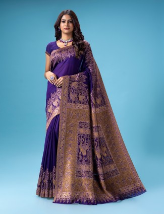Beautiful violet pashmina silk saree for wedding