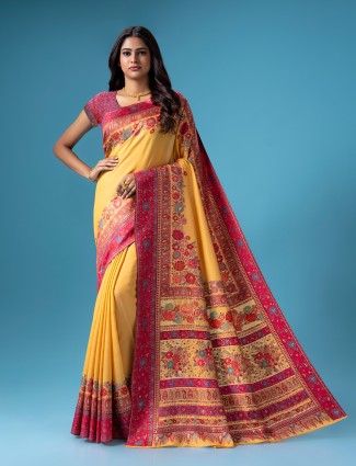 Newest yellow pashmina silk saree